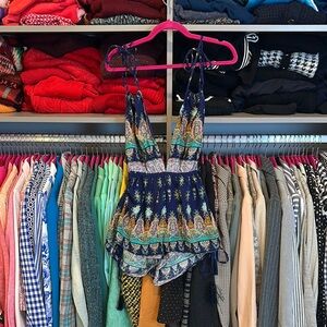 Latiste navy/orange/green print tie romper size S NWT